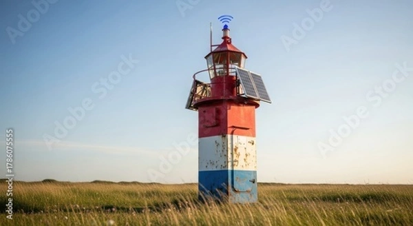 Obraz Small Red White and Blue Lighthouse in a Grassy Field Under a Blue Sky.