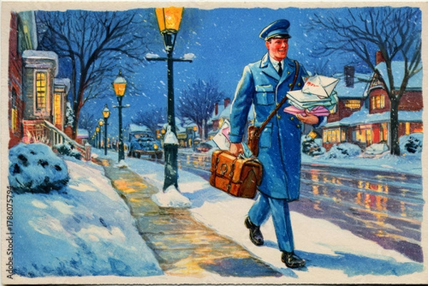 Obraz A mailman walks through a snowy street, carrying letters and packages as street lamps illuminate charming homes. The scene captures the festive spirit of Christmas in the 50s or 60s