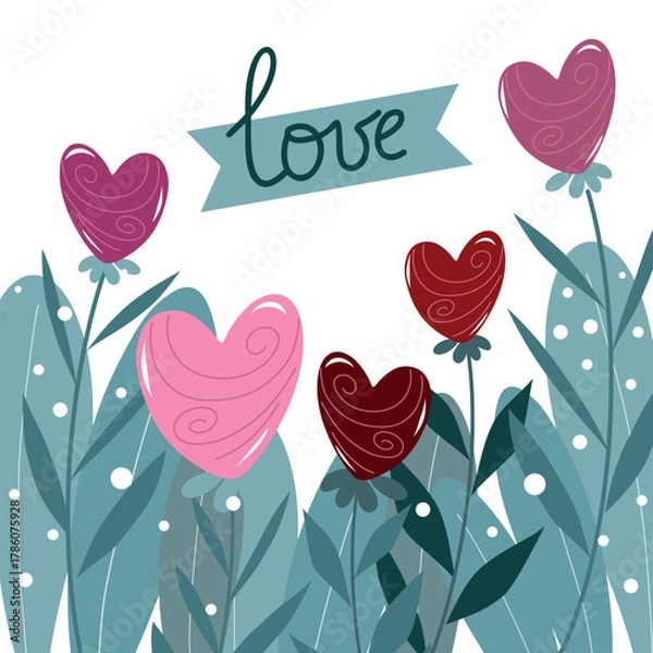 Obraz A whimsical illustration featuring colorful heart-shaped balloons and lush green foliage, with the word "love" in a playful font. Perfect for Valentine's Day or romantic designs