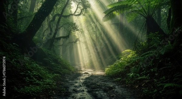 Obraz Sunbeams piercing through a lush green forest canopy illuminating a winding path.