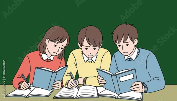 Fototapeta Students studying hard for exam together in classroom vector illustration with green background