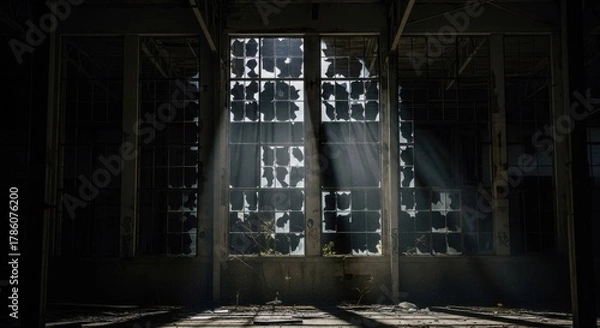 Obraz Sunlight Streams Through Broken Window Panes in Abandoned Building.