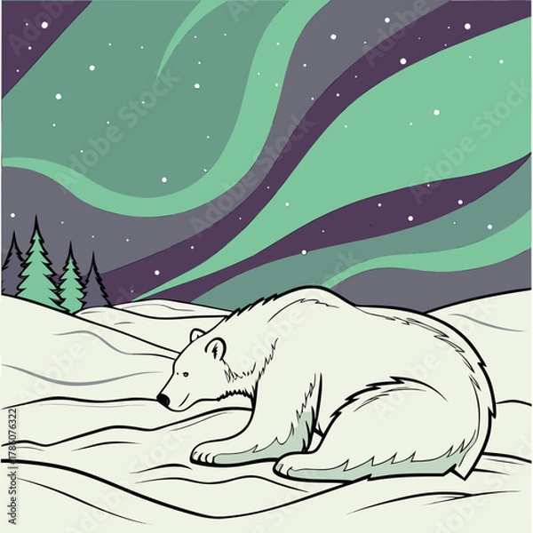 Obraz Polar bear resting on snowfield under aurora borealis at night