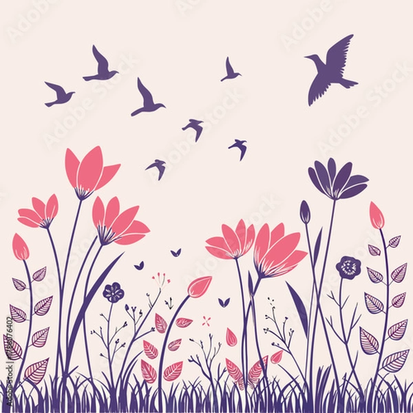 Obraz Spring flowers and birds illustration on a light pink background