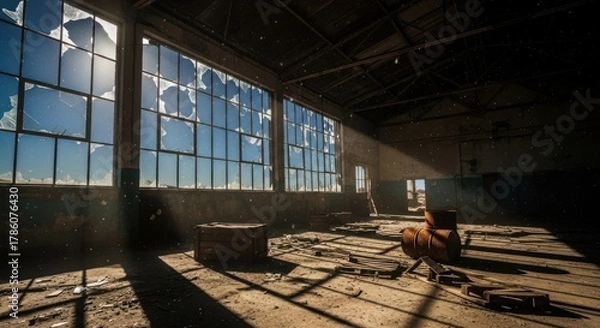 Obraz Sunlight streams through broken windows of an abandoned industrial building.