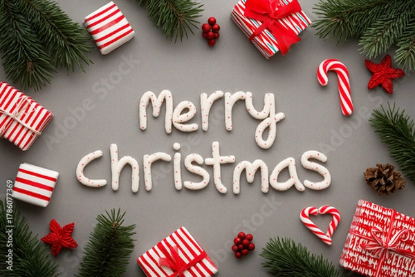 Fototapeta Christmas table background with the words merry christmas