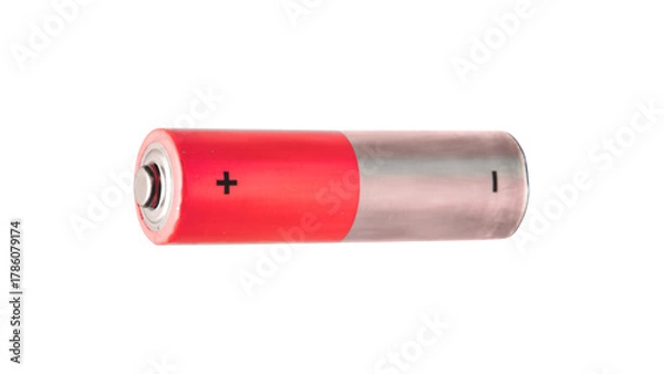 Fototapeta Single cylindrical battery with red and silver casing, a common power source for electronic devices on transparent background