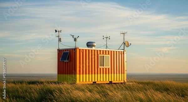 Obraz Weather Monitoring Station Container in a Grassy Field Under a Cloudy Sky.