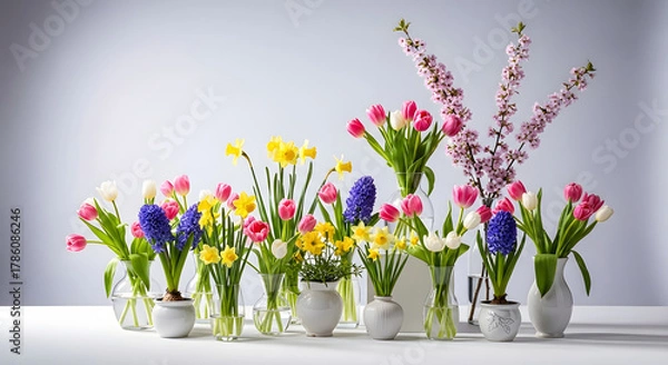 Fototapeta Vibrant spring flower collection in glass vases on a light background