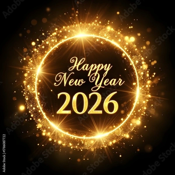 Fototapeta Luxurious Golden Glitter Circle Frame with "Happy New Year 2026" Typography, Perfect for Festive Invitation, Elegant Greeting Card, and Holiday Party Background