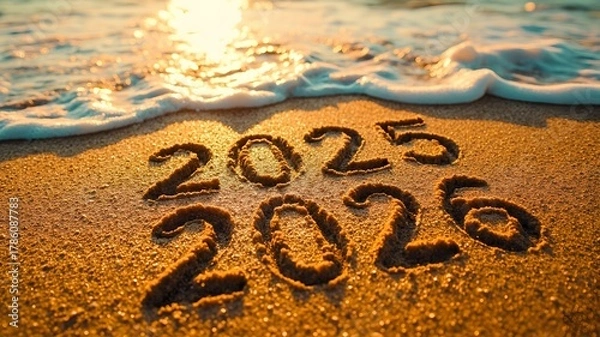 Fototapeta New Year's Transition: "2025" and "2026" Hand-Written in Golden Sand at Sunset, with Ocean Waves Washing Away the Past Year and Welcoming a Fresh Start