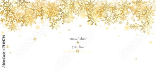 Fototapeta card with golden snowfakes on white