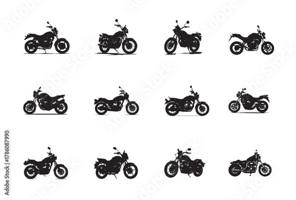 Obraz Collection of Twelve Motorcycle Silhouettes in Black and White, Different Styles