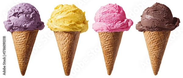Fototapeta A vibrant display of four ice cream cones featuring purple, yellow, pink, and chocolate flavors, set against a clean background, perfect for summer-themed promotions or dessert menus