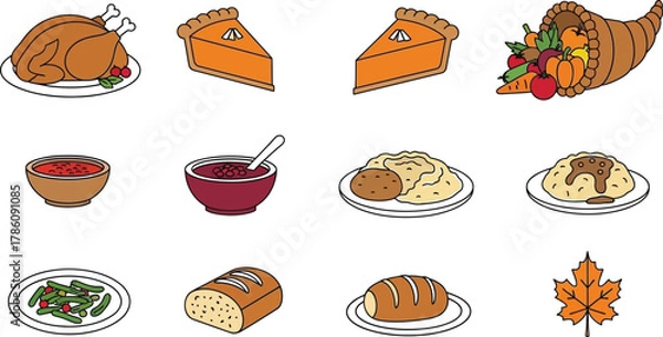 Obraz Thanksgiving dinner food set with turkey and pie