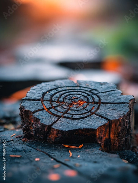 Fototapeta Close-Up Shot of a Carved Wooden Stump with Circular Pattern Outdoors During the Day