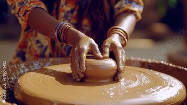 Fototapeta Mindful Clay Art Therapy Showing a Young Multiracial Woman Centering on Pottery Wheel, Finding Balance, Focus, and Emotional Calm in Modern Creative Studio Environment