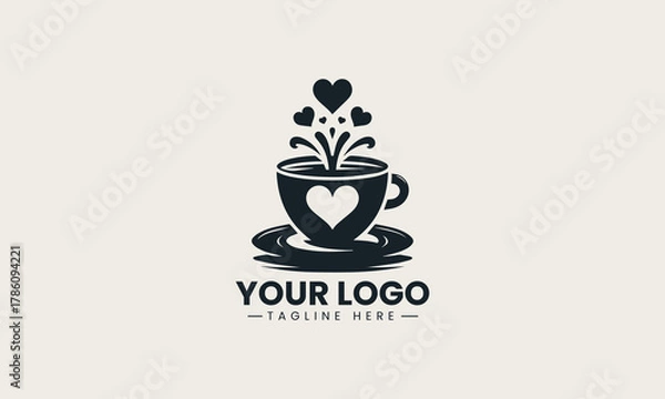 Obraz Black coffee cup silhouette with heart steam elegant minimal logo illustration design