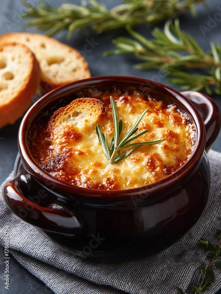 Fototapeta Delicious French Onion Soup with Toasted Bread and Fresh Herbs
