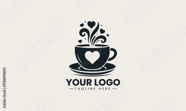 Obraz Black coffee cup silhouette with heart steam elegant minimal logo illustration design