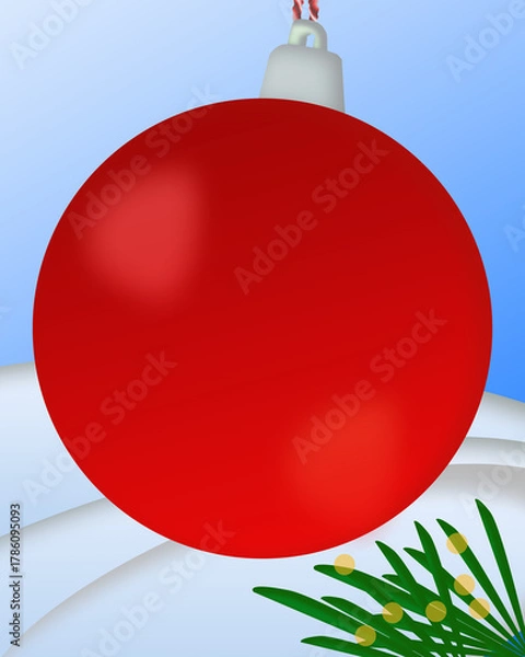 Fototapeta Large Blank Red Christmas Ornament with Pine Branch and Snow Background. Ideal background for seasonal text or holiday greetings.