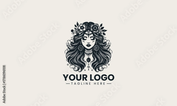 Fototapeta Black woman face silhouette wearing floral crown and long curly hair artistic logo
