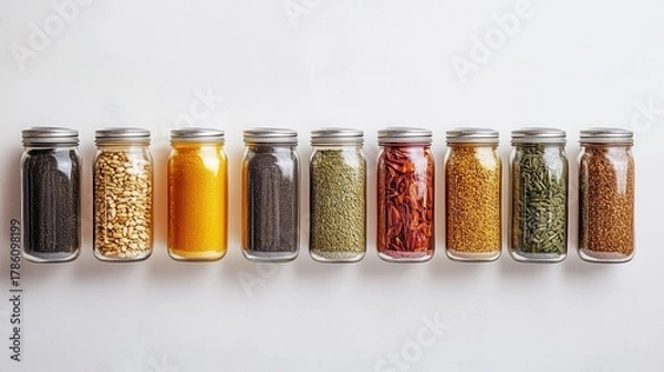 Obraz Jarred Bulk Food Ingredients in Neat Symmetrical Arrangement