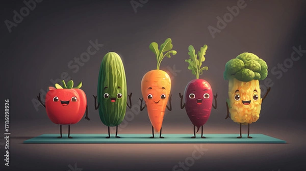 Fototapeta A cartoon illustration of vegetables standing in a row on a blue mat with a dark background