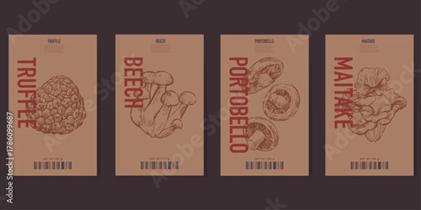 Obraz Set of packaging label design templates, hand drawn mushroom illustrations, vector graphic elements
