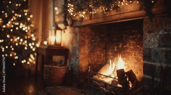 Fototapeta Cozy fireplace decorated with Christmas lights and a tree in the background gives a warm, festive ambiance to the holiday season.
