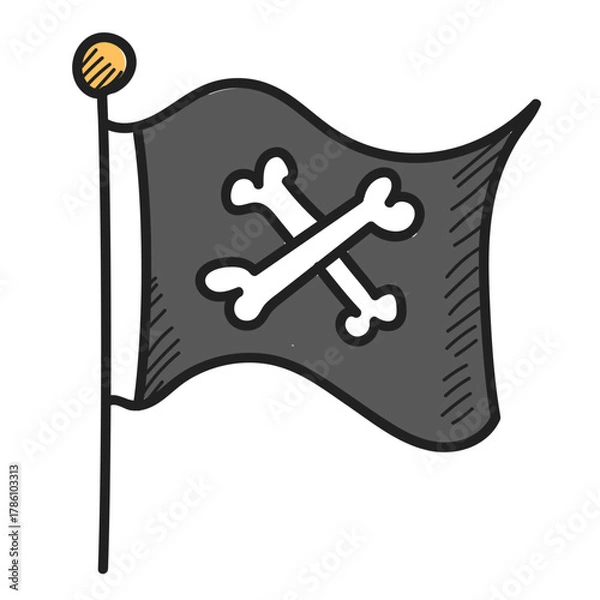 Fototapeta Pirate flag doodle icon vector isolated. Hand-drawn illustration of a black flag with a skull on it. Concept of piracy. Skull and bones crossed. Symbol of a pirate ship.