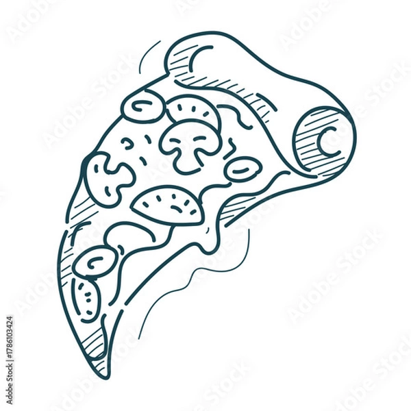 Fototapeta Pizza slice doodle icon vector isolated. Hand-drawn line illustration of a delicious meal. Pizzeria symbol. Fast food, tasty snack. Italian cuisine, pizza with mushroom, pepperoni and cheese.