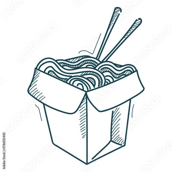 Fototapeta Chinese noodle doodle icon vector isolated. Hand-drawn illustration of noodle in a paper box. Delicious lunch, Asian fast food. Chinese cuisine. Chopsticks in wok.