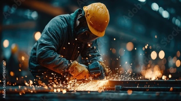 Obraz Worker in Safety Gear Grinding Metal with Sparks Flying in Industrial Workshop Creating a Dynamic and Energetic Atmosphere for Manufacturing