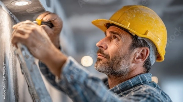 Fototapeta Construction worker with yellow hard hat measuring wall height with tape measure in modern interior renovation project at a commercial building site