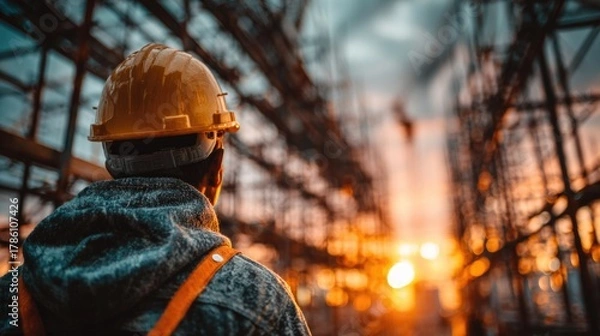 Fototapeta Construction Worker Observing Sunset Over Building Site with Scaffolding at Dusk, Warm Tones, Safety Gear, Industrial Background, Urban Development