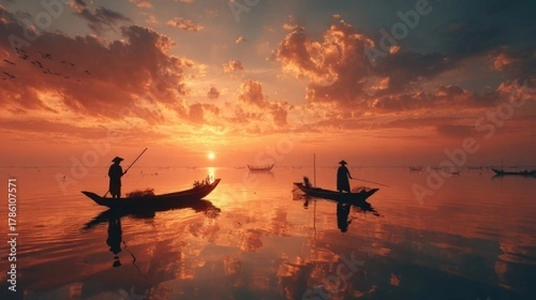 Fototapeta Serene Landscape of Fishermen Silhouetted Against Vibrant Sunset Reflections Over Calm Water with Birds Flying in the Sky