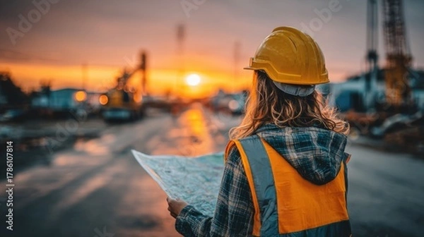 Fototapeta Construction Worker Reviewing Plans at Sunset on Job Site with Safety Gear, Warm Light, Urban Background, Professional Construction Environment, Day's End