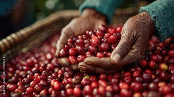 Fototapeta Hands Holding Fresh Red Coffee Cherries Above a Basket Filled with Coffee Berries on a Sunny Day in a Coffee Farm Setting