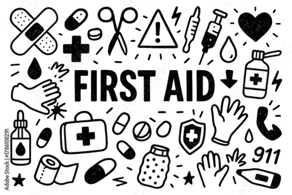 Obraz First aid doodle composition with medical tools, bandages, and emergency care icons, Transparent Background