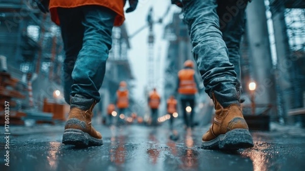 Obraz Construction workers walking on a busy site with safety gear and orange vests, industrial setting during blue hour with machinery and scaffolding