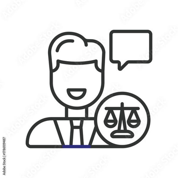 Obraz Lawyer icon in line design. lawyer, attorney, counsel, legal advice, speech, consultation, client, advocate on white background vector. Lawyer editable stroke icon - AI generated
