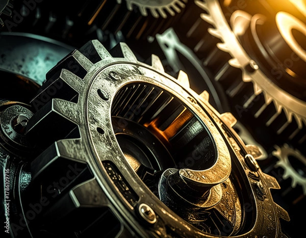 Fototapeta macro close-up of metal gears at an angle. illustration or concept of precision engineering. abstract manufacturing or industry background.