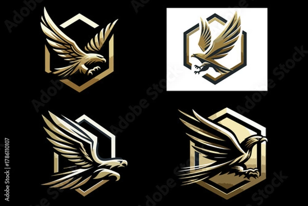 Fototapeta This is a vector image of a golden eagle logo pouncing, suitable for use in logo designs for printing companies, studios, broadcasts, screen printing, plastic, t-shirts, shoes, jerseys, books, sticker