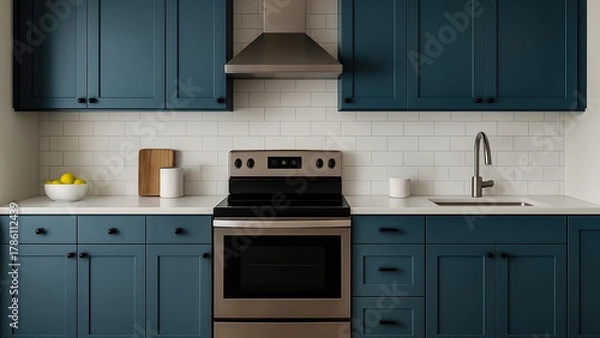Fototapeta modern kitchen with dark blue cabinets with green and gray undertones. white subway tile backsplash, and stainless steel appliances. A bowl of lemons sits on the white countertop. beautiful interiors.