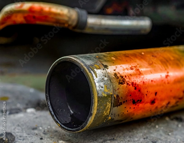 Fototapeta Abstract closeup of a part of a catalytic converter spray painted with bright orange paint isolated on a dark background. Automotive design element.
