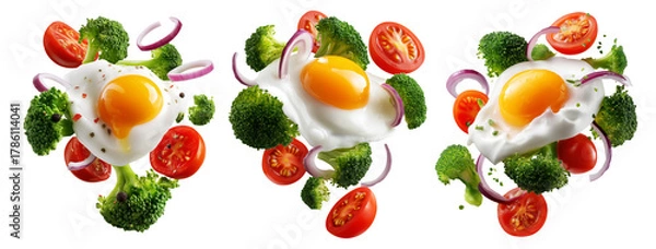 Fototapeta Fried egg, broccoli florets, cherry tomatoes, and onion rings floating mid-air, isolated on white transparent background