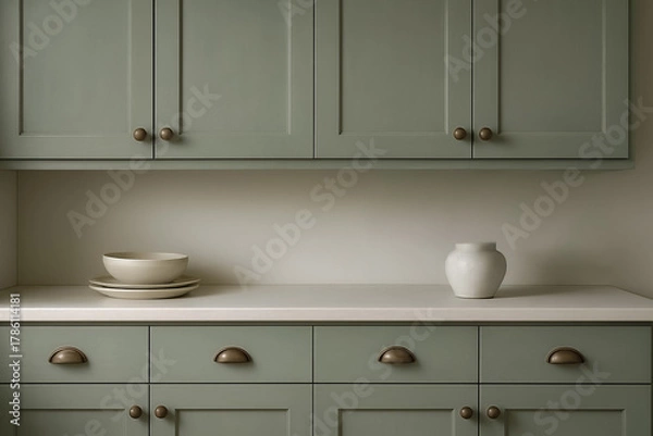 Fototapeta closeup of a modern farmhouse kitchen with muted green shaker-style cabinets and dark brass hardware. chalk paint style.  minimalist simple design. interior rendering. beautiful decor ideas background