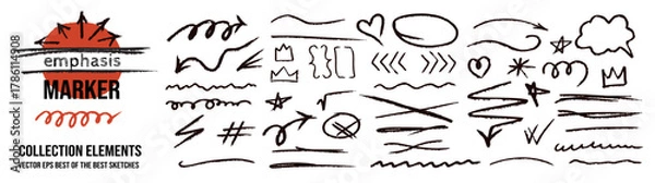 Fototapeta Brush swoosh strokes with check marks and asterisk arrow star cross crown emphasis lines.