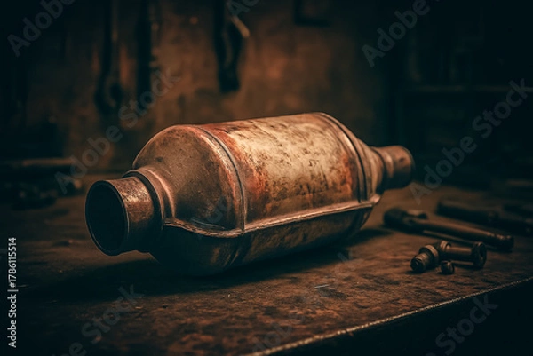 Fototapeta a used catalytic converter isolated in a garage shop background. automotive or transportation background.
